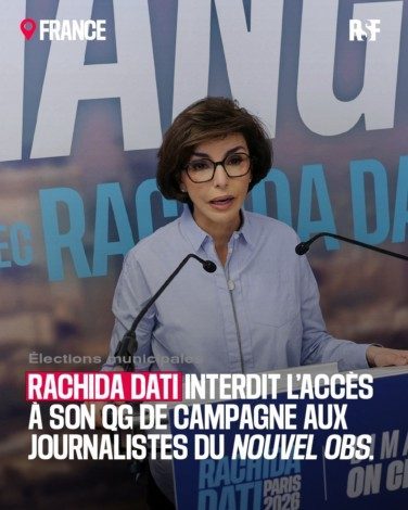 Nous dénonçons l'interdiction d'accès au QG de la candidate à la mairie de Paris Rachida Dati par son équipe aux journalistes du @nouvelobs, lors du premier tour des municipales, hier. Une entrave flagrante à la liberté de la presse dans la couverture d'un événement d'intérêt général.

@rachida.dati
#france #électionsmunicipales #rsf