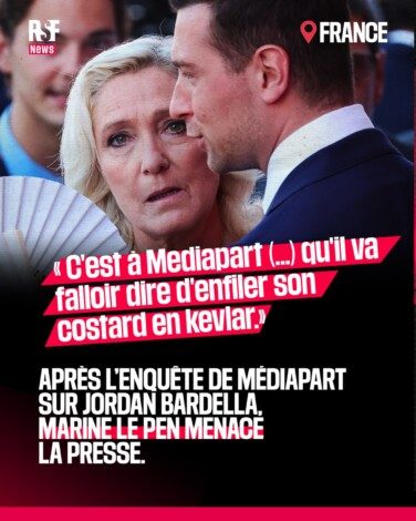 Après l’enquête de @mediapart sur Jordan Bardella, RSF dénonce les attaques verbales et les menaces physiques de Marine Le Pen visant le média et ses journalistes, ainsi que les intimidations contre ses sources.

La “vraie nature de Mediapart”, que prétend révéler la candidate du RN, c’est d’être un média d’information. Contester une information au tribunal est un droit, le dénigrement sans vergogne et les menaces voilées n’ont pas droit de cité en France.