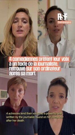 “Alors qu’est-ce que j’ai donc fait de si ignoble ? Je n’ai fait qu’écrire ce dont j’avais été 
témoin. Rien de plus.” 

Ces mots d’Anna Politkovskaïa sont extraits d’un texte retrouvé dans son ordinateur après son assassinat le 07 octobre 2006. Vingt ans plus tard, quatre comédiennes françaises – Julie Gayet, Ariane Ascaride, Bérénice Bejo et Mélanie Doutey – donnent vie à son texte.

Dans ce texte, Anna Politkovskaïa décrit une Russie où les journalistes sont déjà divisés entre “les nôtres” et “les autres”. Les premiers sont récompensés par le “pouvoir” ; les seconds sont condamnés au statut de “paria”. 

Célèbre pour sa couverture du conflit tchétchène pour le média indépendant Novaïa Gazeta, et pour ses articles critiques du Kremlin, elle est devenue le symbole du combat pour la liberté de la presse en Russie.

Rendre hommage à Anna Politkovskaïa, c’est aussi rappeler ses revendications avec une extraordinaire simplicité : le droit d’écrire ce dont elle était témoin.
–
“So what on earth did I do that was so despicable? I simply wrote about what I had witnessed. Nothing more.” 

These words are from a text by Anna Politkovskaya on her computer after she was assassinated on 7 October 2006. Twenty years later, four French actresses – Julie Gayet, Ariane Ascaride, Bérénice Bejo and Mélanie Doutey – read her words aloud in a new video by RSF.

In this text, Anna Politkovskaya describes a Russia where journalists were already being divided into “our people” and “the others.” The former are rewarded by those in power; the latter are condemned to the status of outcasts.

She understood very early on how the Russian authorities sought to divide journalists between those who were loyal to them and those they branded as enemies. This tactic is now institutionalised: independent journalists are stigmatised, censored, imprisoned or forced into exile. Fifty media professionals are currently detained in Russia.

Paying tribute to Anna Politkovskaya also means reiterating what she asserted with extraordinary simplicity: the right to write about what she witnessed.

@iamjuliegayet 
@ Bérénice Bejo
@ascarideariane 
@melaniedouteyofficiel