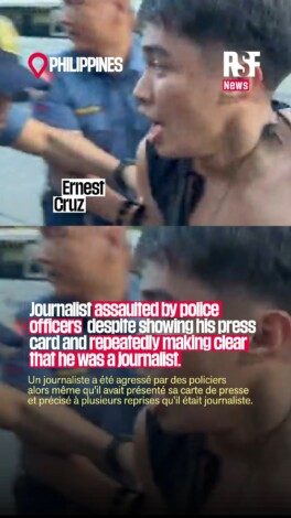 Journalist Ernest Cruz was assaulted by police officers while he was covering a farmers’ protest on Monday October 19 in the Philippines. 

Despite showing his press card and repeatedly stating he was a journalist, he was surrounded and dragged along the ground. 

An investigation must identify those responsible and ensure they are held accountable.

Credits: College Editors Guild of the Philippines
–
Le journaliste Ernest Cruz a été agressé le lundi 19 octobre par des policiers, alors qu’il couvrait une manifestation d’agriculteurs aux Philippines. 

Il a été encerclé et traîné sur le sol alors même qu’il avait présenté sa carte de presse et rappelé plusieurs fois qu’il était journaliste. 

Une enquête doit permettre d’identifier les responsables et de les sanctionner.

Credits: College Editors Guild of the Philippines